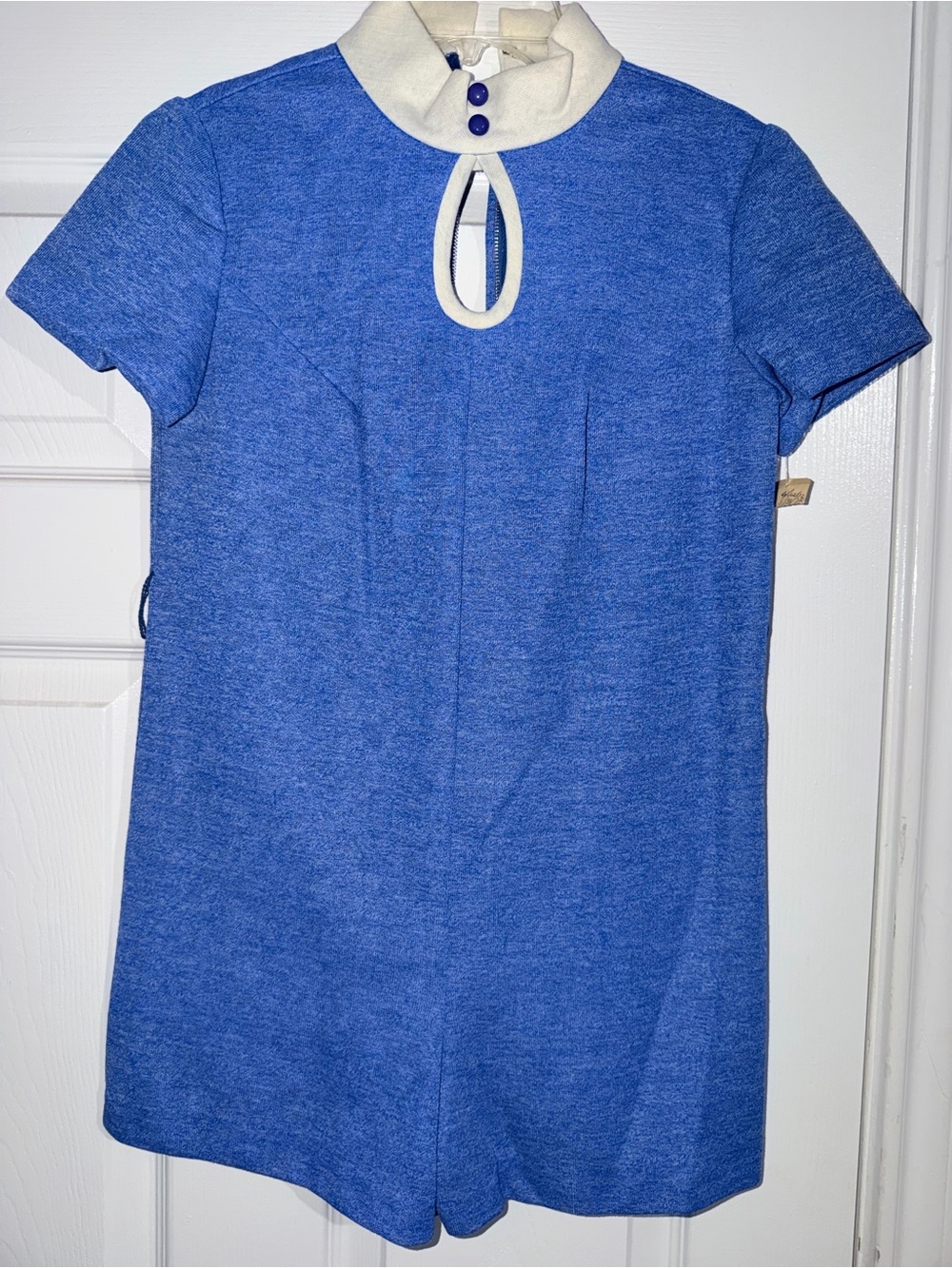 Micro Blue Short Sleeve Knit Romper with Contrast Collar paired w/removable vest